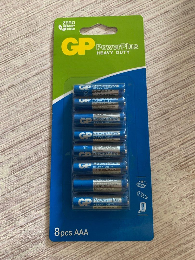 INSTOCK] AAA GP PowerPlus Heavy Duty Batteries (8 per pack), Photography,  Photography Accessories, Batteries & Chargers on Carousell