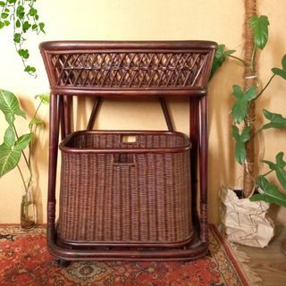Large Rattan wicker cart storage organizer bathroom rack laundry basket