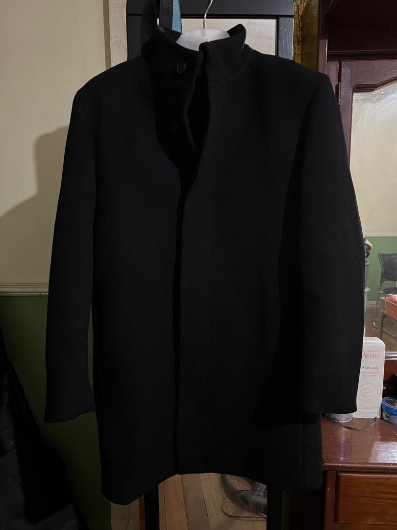 Mango Funnel Overcoat / Neck Coat (Category: Coats, Jackets and Outerwear) located in Angeles City. Submitted by fph321 (Listing ID 1217257584, Image 2). Description: Mango Funnel Overcoat / Neck Coat Bought from Mango for 6990php Condition: 9.5/10, used for a Japan trip once Material: Mostly wool, with polyester Size: Slim fit Small, fits Medium built men Chest: 37.4inches Waist: 31.5inches Remarks: Altered from the tailor the sleeve, sleeve now