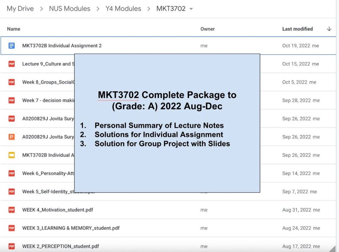 MKT3702 Notes + Assignment + Project Solution (Category: Assessment Books) located in Singapore. Submitted by alexischua (Listing ID 1217290066, Image 1). Description: .