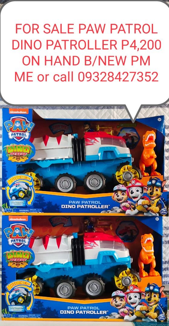 PAW PATROL DINO PATROLLER (Category: Action & Battle Toys) located in Malabon City. Submitted by gie_silva (Listing ID 1217310039, Image 2). Description: BRAND NEW ON HAND ITEM ORIGINAL Motorized Team Vehicle with Exclusive Chase and T. Rex Figures Go on exciting dino rescues with PAW Patrol and the Dino Patroller, the first-ever motorized team vehicle! This vehicle includes an exclusive Chase figure and a large-scale T. rex dinosaur action figur