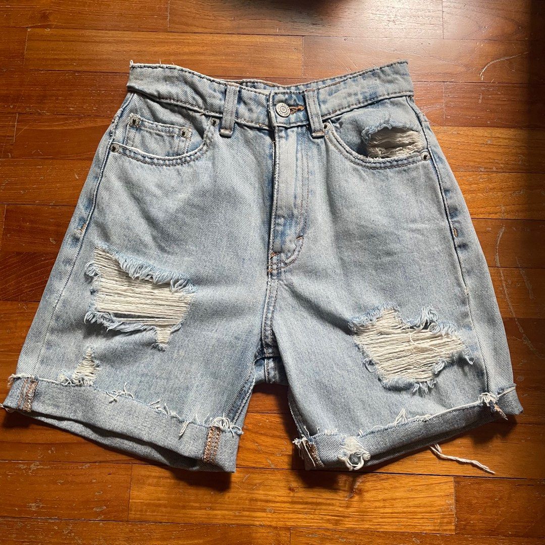 Pull Bear High Waisted Ripped Denim Shorts Women s Fashion