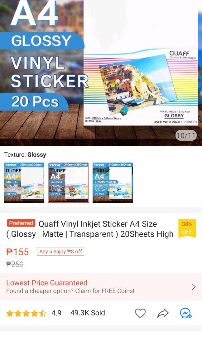Quaff Vinyl Sticker Paper (GLOSSY) (Category: Art & Prints) located in Quezon City. Submitted by tsktsktskk (Listing ID 1217305823, Image 2). Description: Quaff Vinyl Sticker Paper (GLOSSY) -there are 13 sheets of sticker paper left. -bought it for 155 pesos in shopee RFS: Not going to use it anymore.