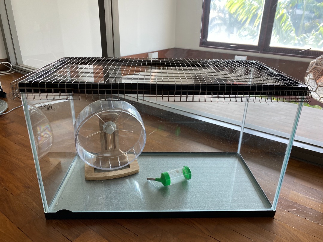 Set of Fish/Hamster Tank, Mesh Tank Cover, Hamster Wheel and Water