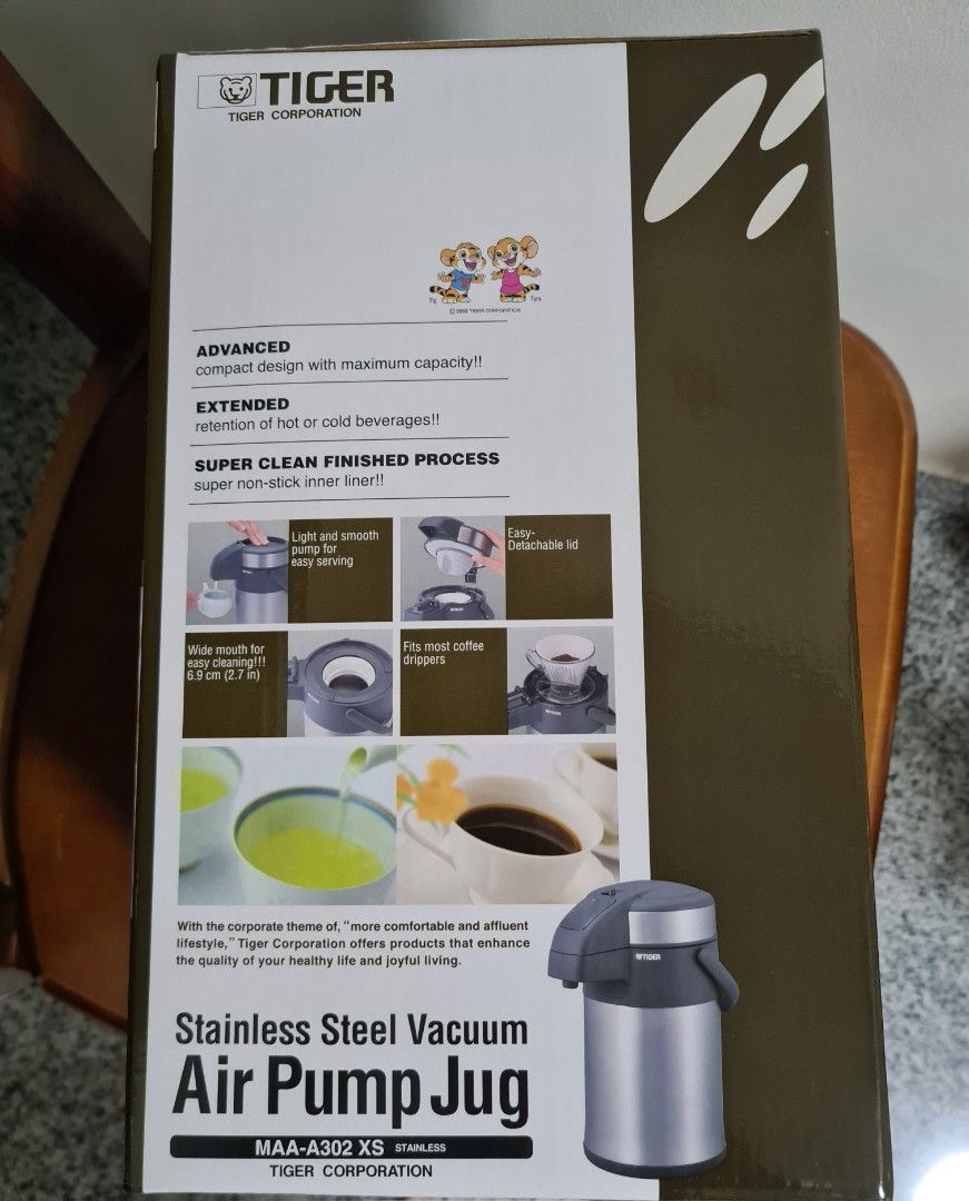 BNIB Tiger 3L Stainless Steel Vacuum Air Pump Jug MAAA302 XS, TV