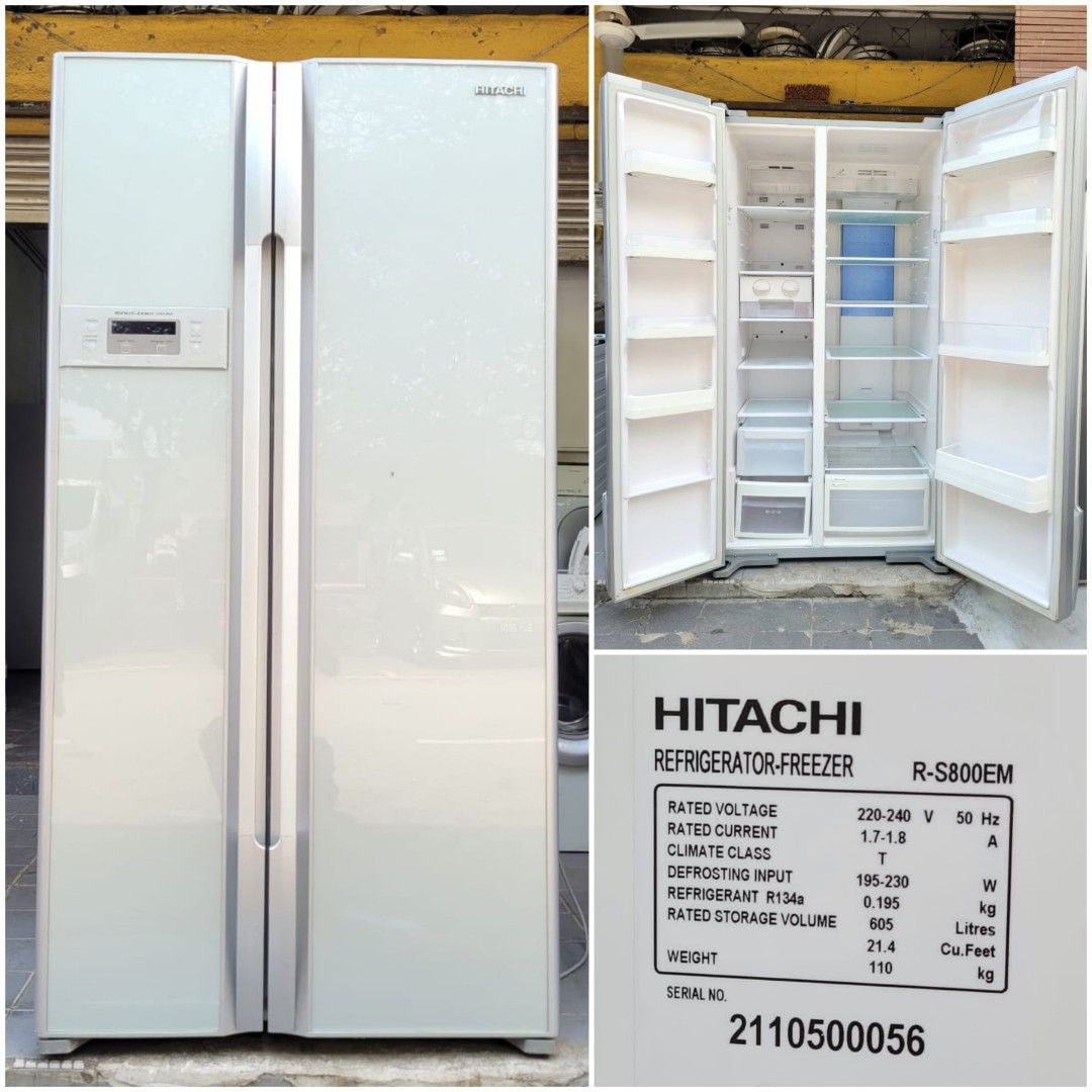 Used Hitachi 2 side by side glass doors fridge 605L, refrigerator peti