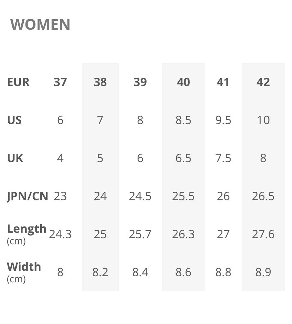 Veja size deals guide cm