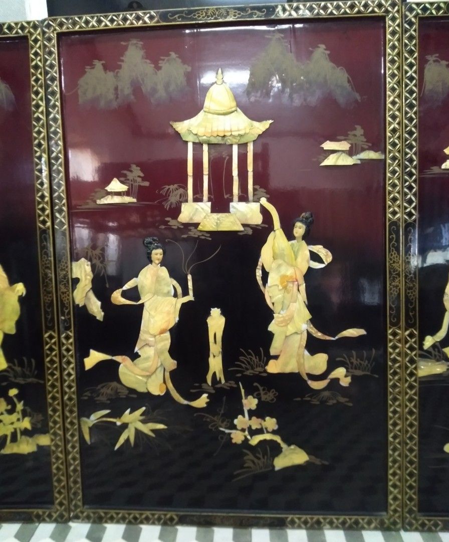 Vintage Asian Japanese Geisha Girls Mother of Pearl Black Lacquer Wall ...