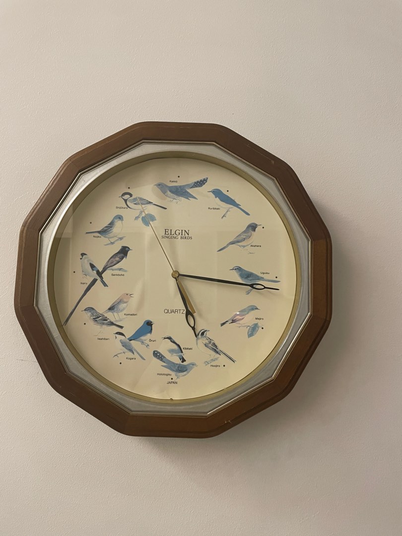 Vintage Elgin Wood Frame Wall Clock Hourly Bird Chirping on Carousell