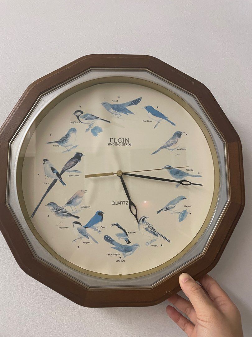 Vintage Elgin Wood Frame Wall Clock Hourly Bird Chirping on Carousell