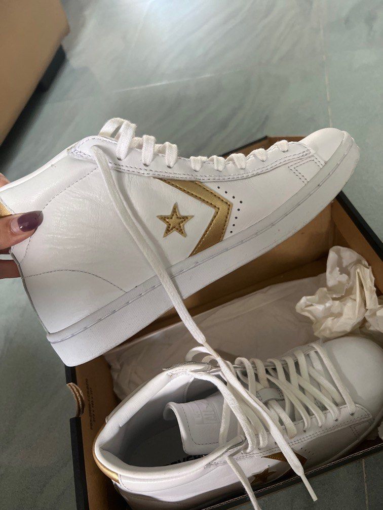 White and gold leather converse clearance