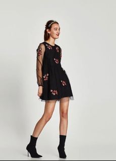 Zara Black Tulle Overlay Embroidered Dress NwOT