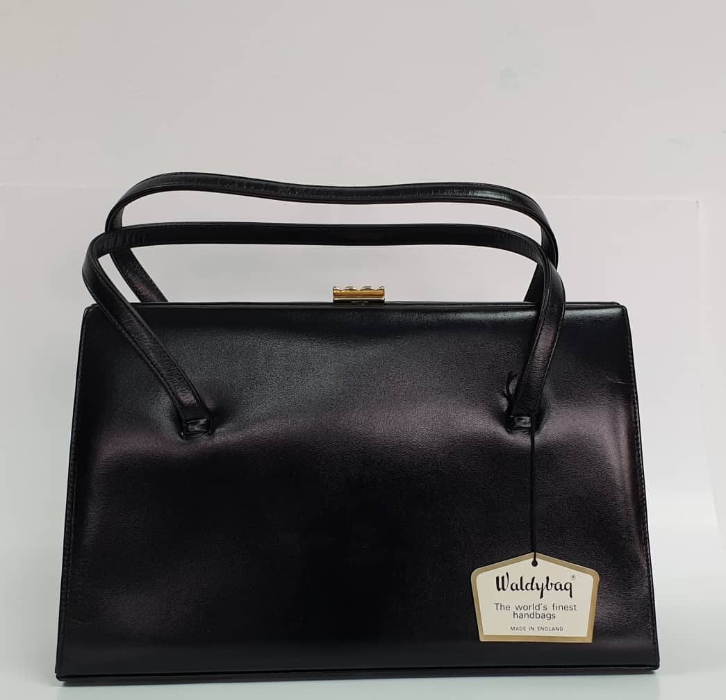 1950s Vintage Waldybag Black Leather Handbag with original Mirror