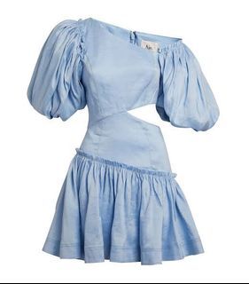 Aje Linen-Blend Cut-Out Chateau Dress BLUE Sz6 AU