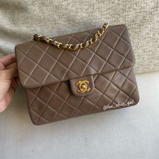 AUTHENTIC CHANEL Brown Taupe Mini Square 20 cm Classic Flap Bag 24k Gold Hardware 🤎