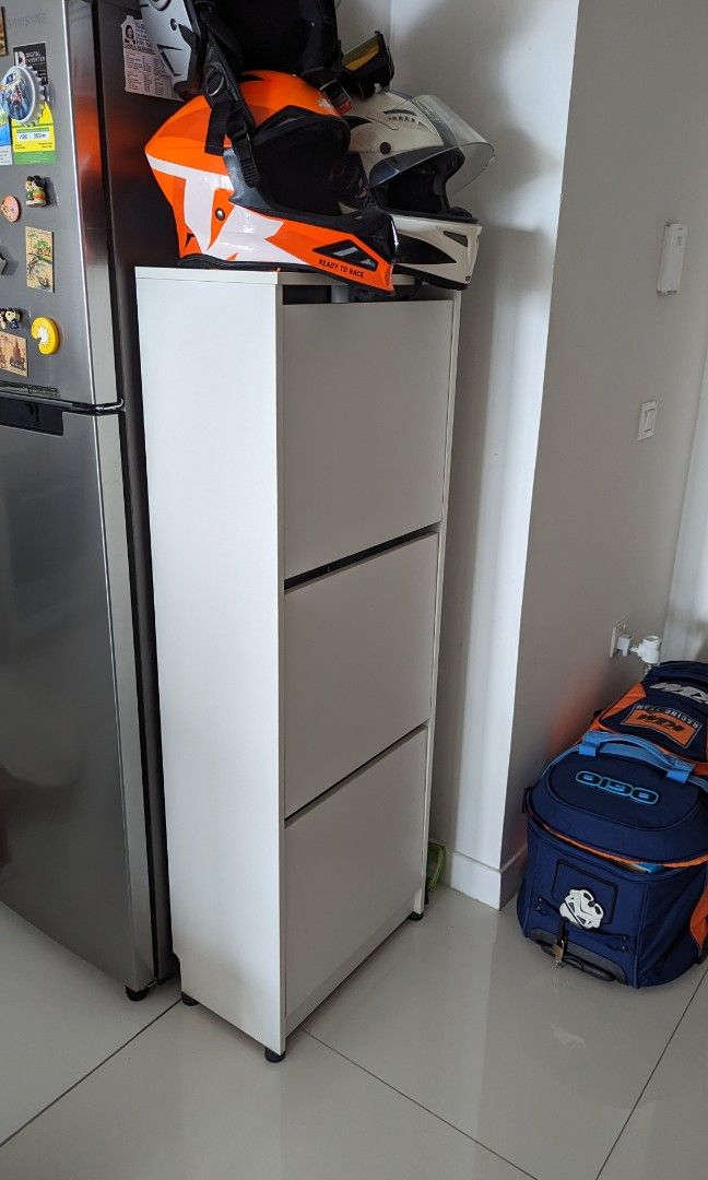BISSA Shoe cabinet with 3 compartments white 49x28x135 cm Furniture Home Living Furniture Shelves Cabinets Racks on Carousell