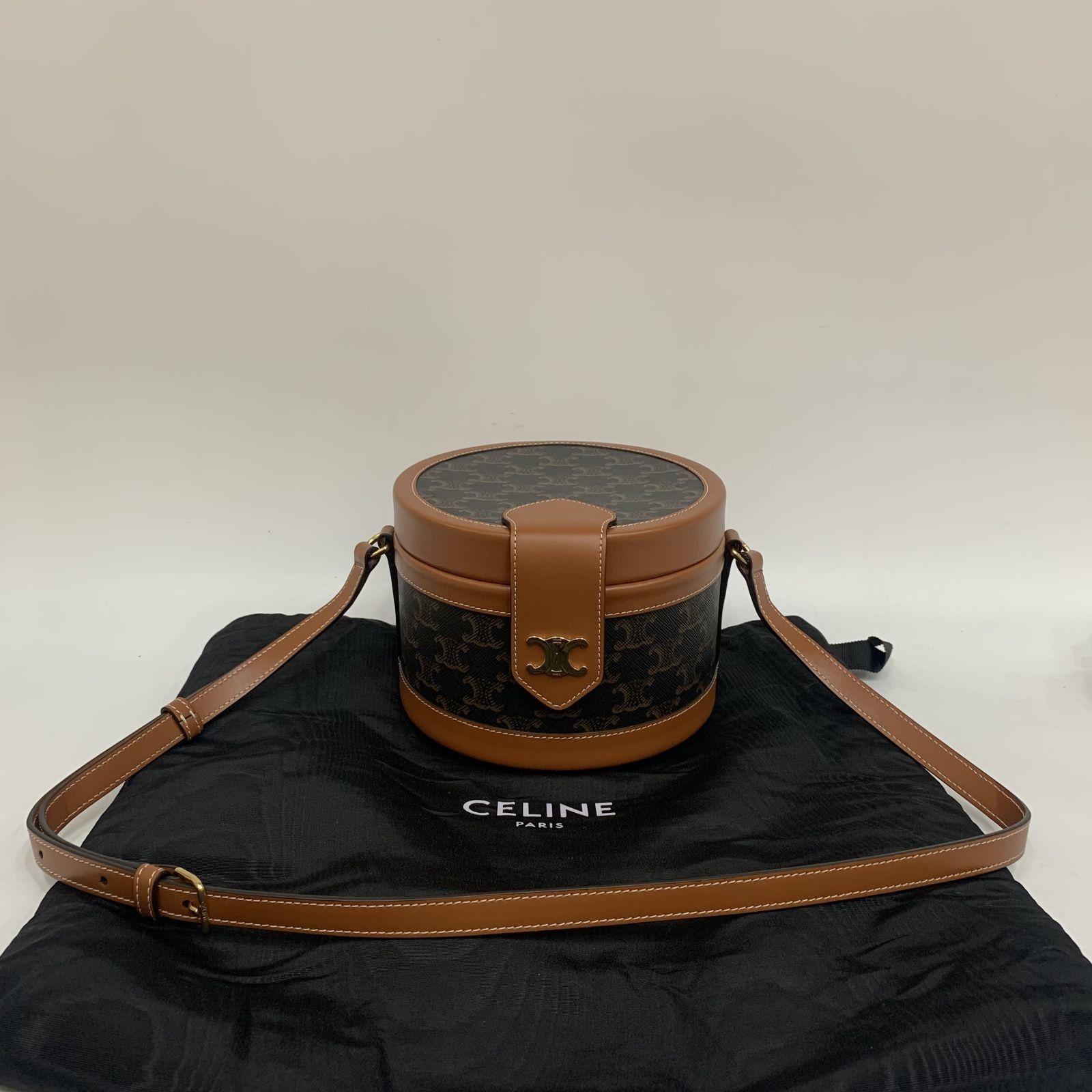 CELINE tan leather and Triomphe canvas MEDIUM TAMBOUR Shoulder Bag