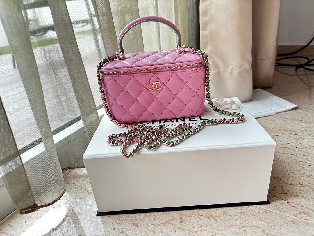 Chanel Vanity with handle green pink, Luxury, Bags & Wallets on