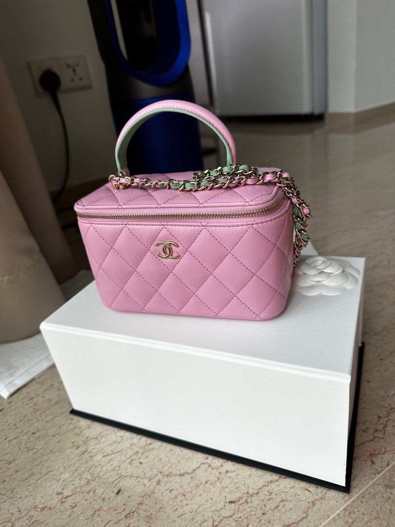 Chanel Vanity with handle green pink, Luxury, Bags & Wallets on Carousell