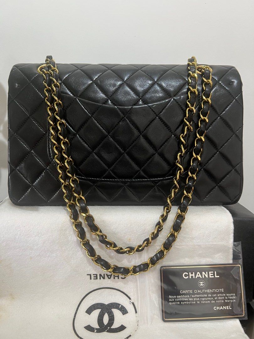 Full Set” Authentic Chanel Vintage 25cm Medium CF Classic Double Flap Bag  With Puffy Black Lambskin Leather in Rich Shiny Yellow 24k Gold Hardware,  Luxury, Bags & Wallets on Carousell