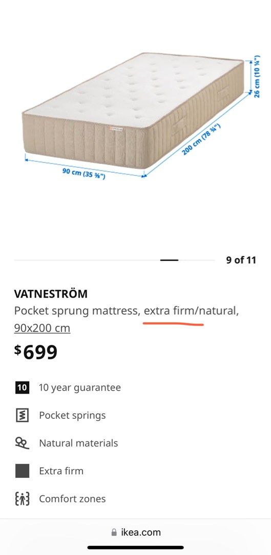 Ikea VATNESTROM organic / natural pocket spring mattress (extra firm