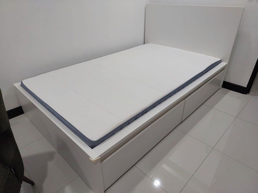 MALM Bed frame, high, w 2 storage boxes, white, (120x200cm), Furniture