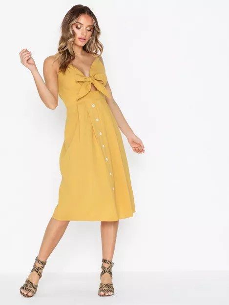 Missguided tie front midi dress with button detail in yellow