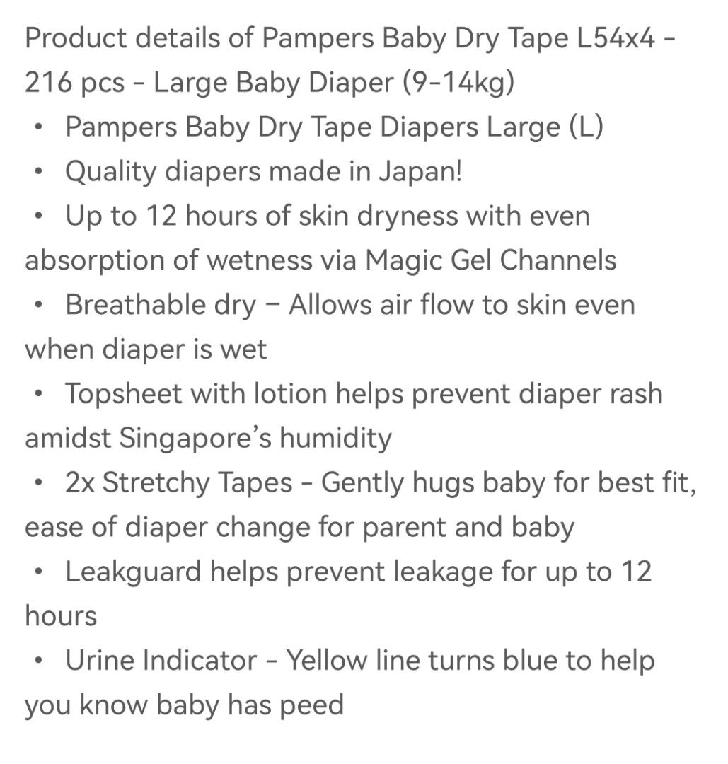 Pampers Diapers Baby Dry Tape L 54x4, Babies & Kids, Bathing & Changing