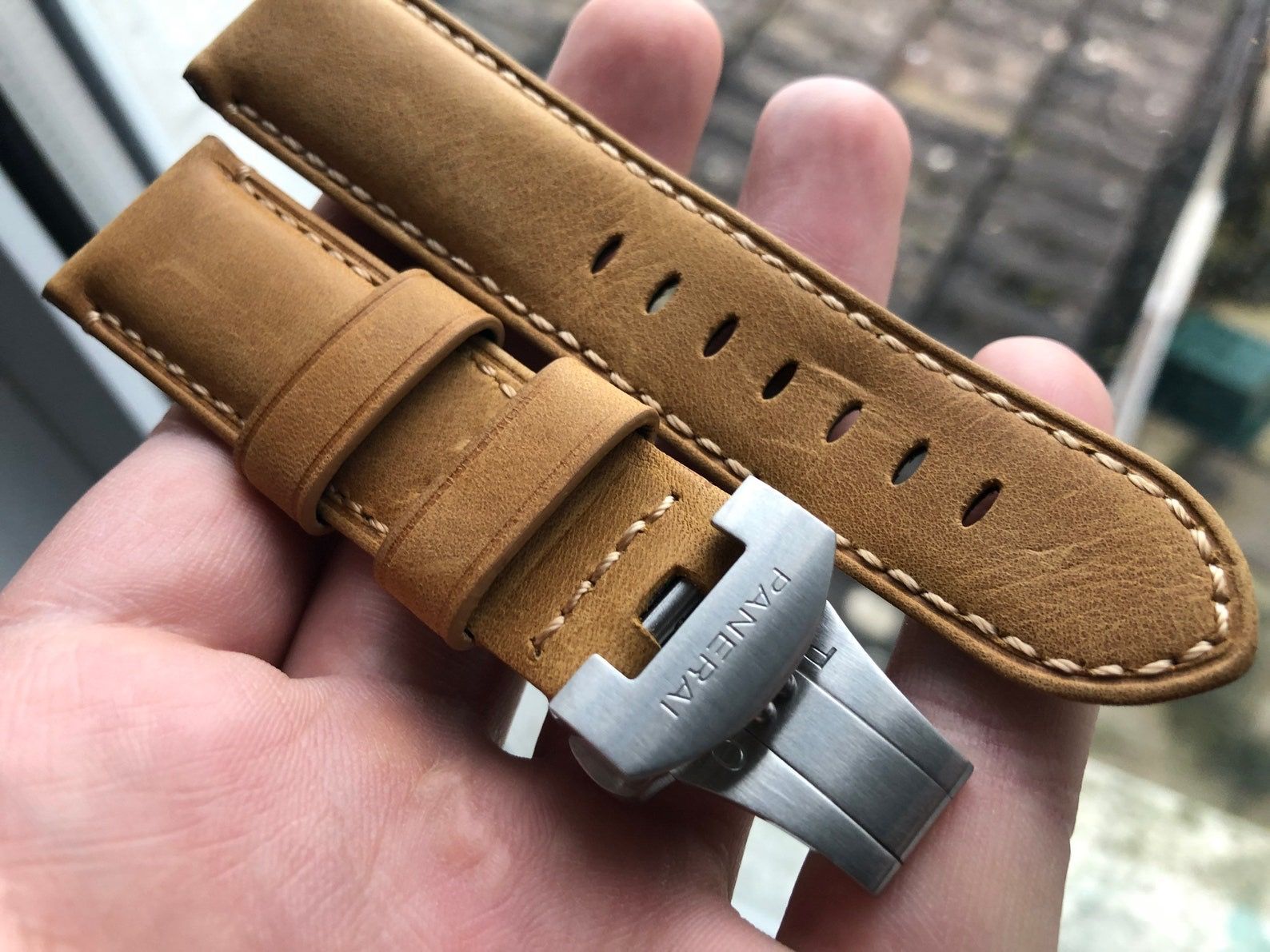 Panerai Tan brown leather 24mm Strap with deployment Buckle