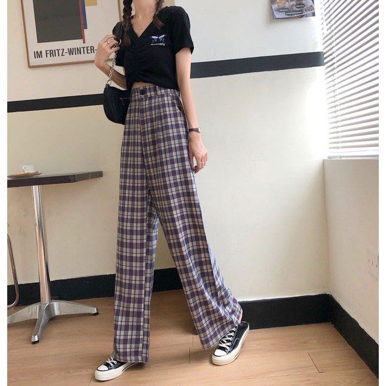 Purple plaid pants womens hot sale