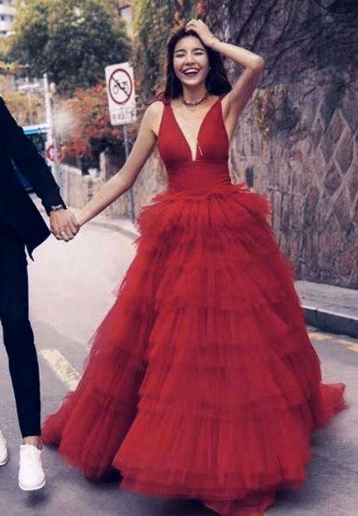 Red ruffle ball cheap gown