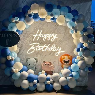 Round Arch + Full Round Balloon Garland (Rental and set up included) - Birthday - Baby Shower - Anniversary - 100 Days - One Month - Standard, Pearly, Chrome, Retro Balloons - Happy Birthday LED - Blue Set Up