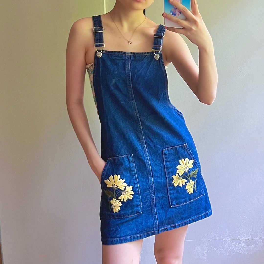 Topshop denim floral embroidered pinafore, Women's Fashion, Coats, Jackets  and Outerwear on Carousell