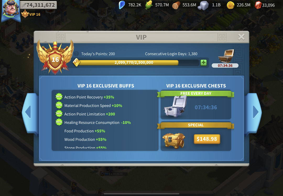VIP16 ` Imperium KD ` Many gold chests daily ` Rise of kingdoms (ROK