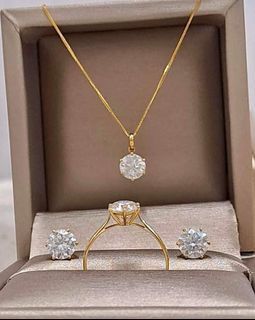 18k 1ct Solitaire Moissanite Diamond 
with GRA Certificate & Card
💯%Solid Gold - For everyday use 👍🏻

Pendant - 3,350Ring - 5,150
Earrings - 4,150 (total of 2 ct Moissanite)