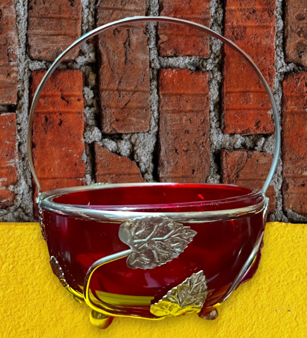 1930s-vintage-ruby-red-glass-bowl-with-stainless-caddy-holder