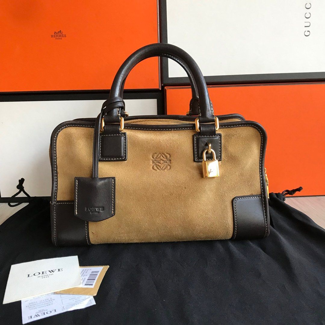 100 Authentic Loewe Amazon 28 Brown Suede Handbag Barang Mewah