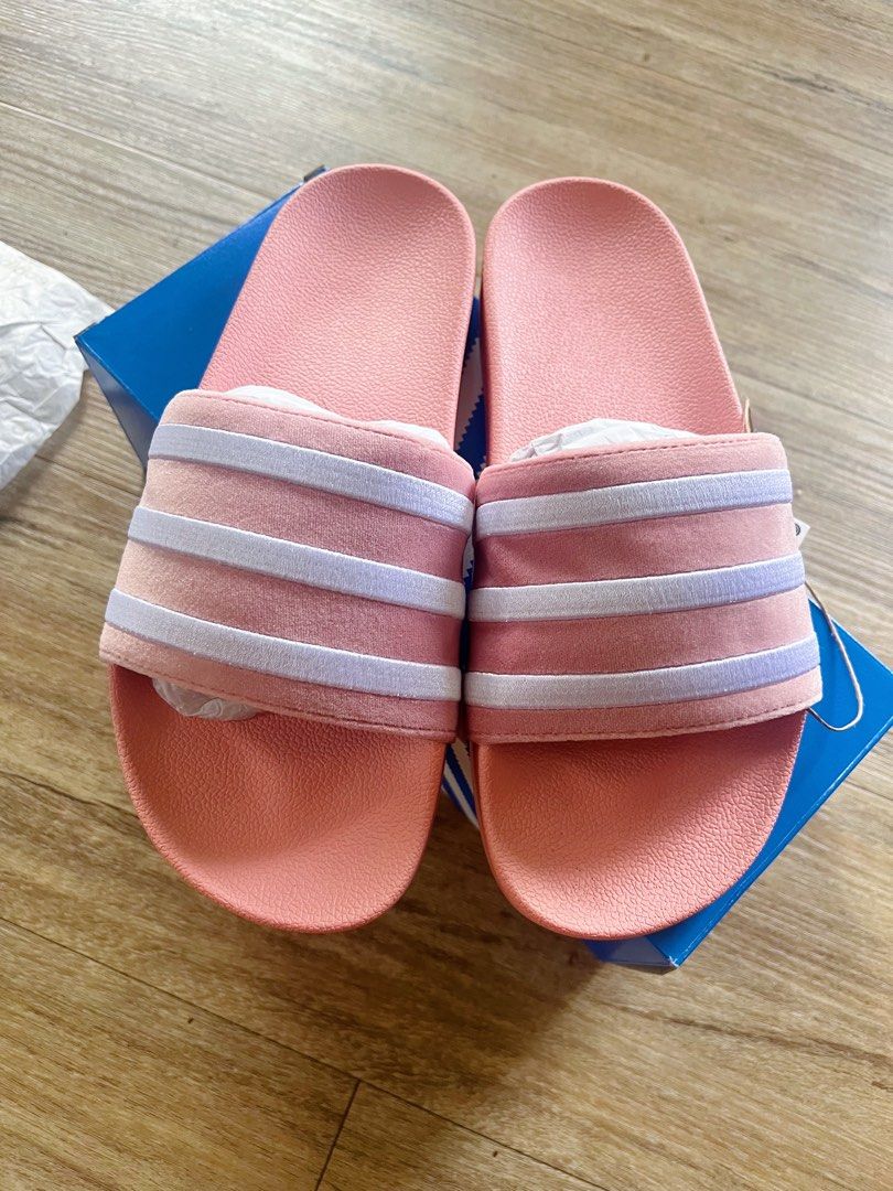 Pink velvet adidas slides discount