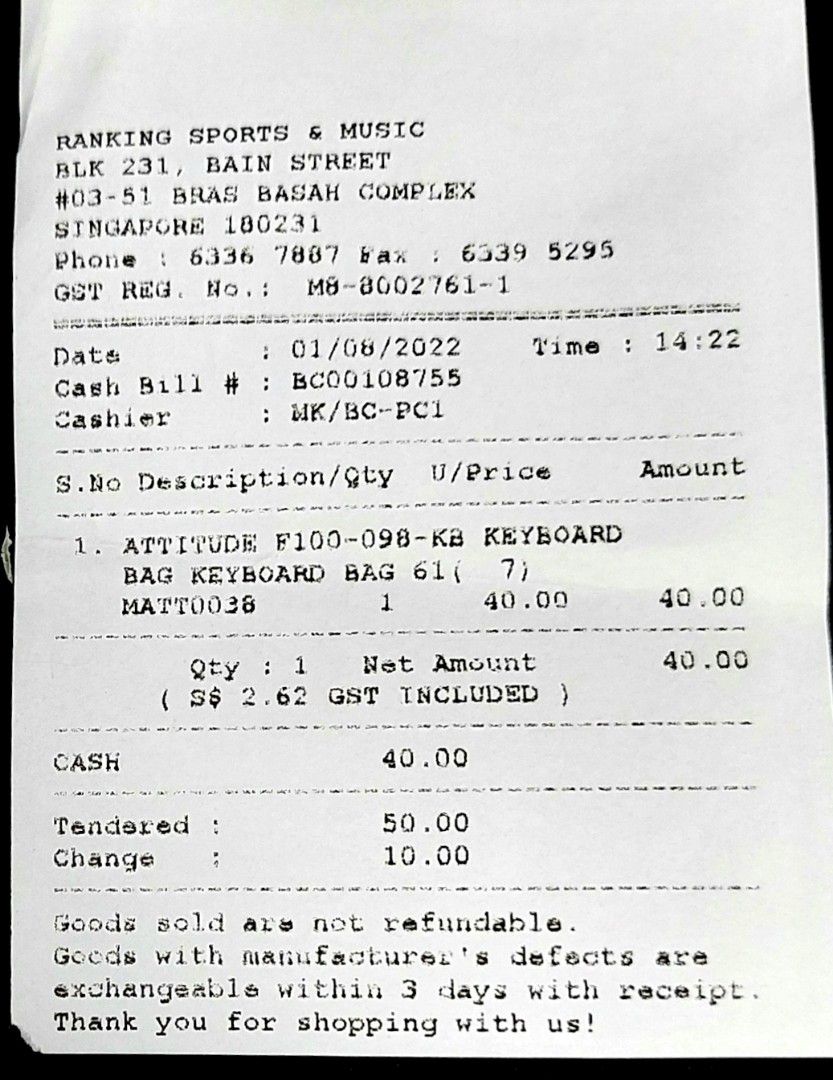 Receipt For Razor Keyboard Attitude - 61 keyboard softcase. Model: F100-098-KB (See attached ...