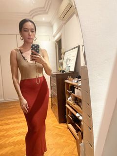 BEAUTIFUL Tan Viscose Red Sexy Viscose Stretch Two Tone Maxi Dress!!