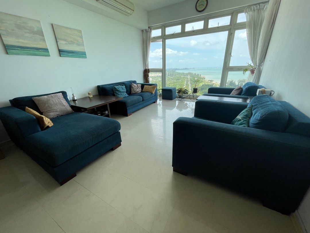 Blue coloured fabric sofa set , Furniture & Home Living, Furniture