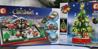 Christmas book and lighted tree brick sets (not Lego Winter Xmas)
