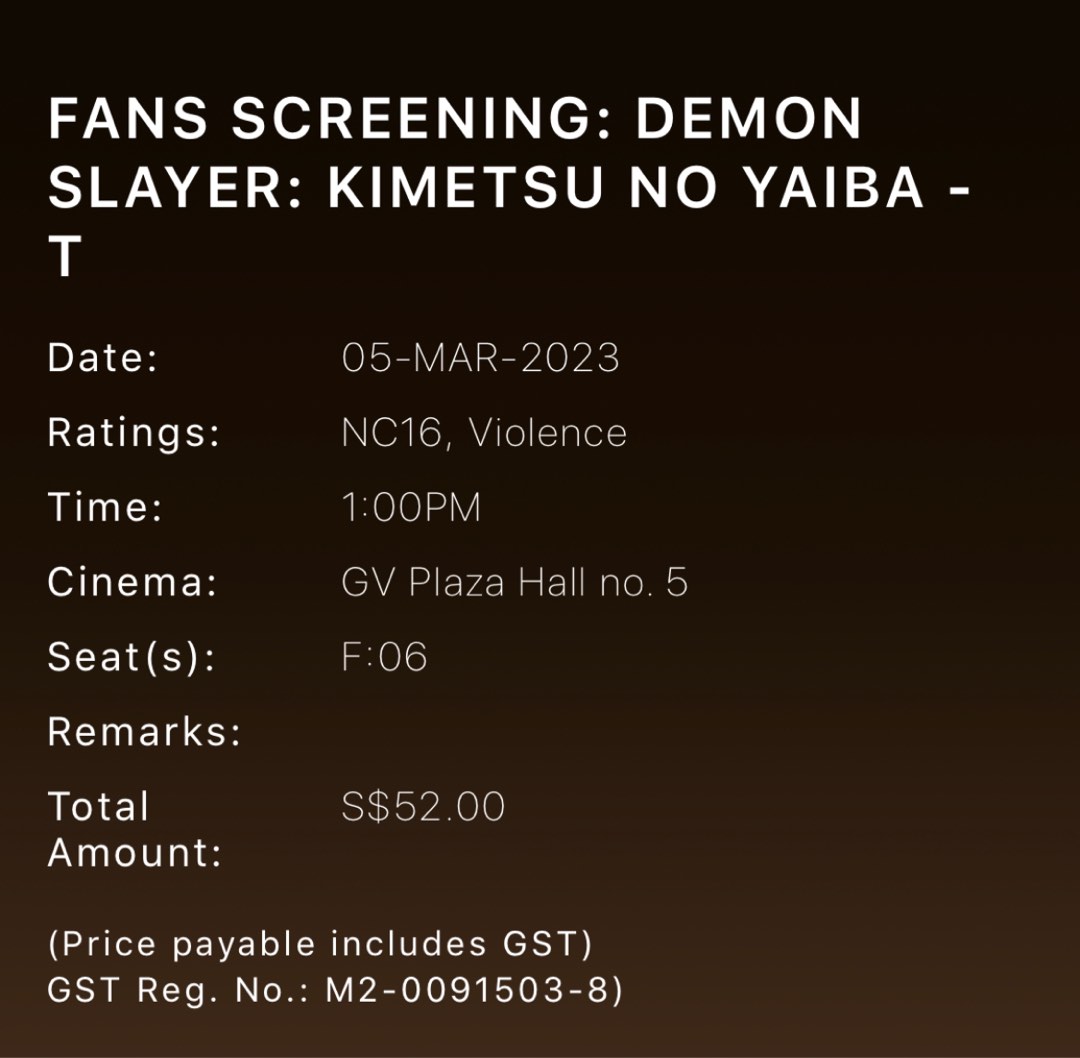 Demon slayer movie ticket, Tickets & Vouchers, Event Tickets on Carousell
