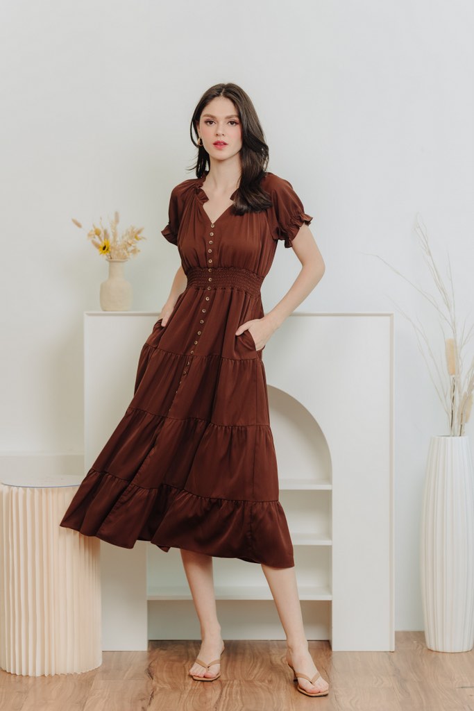 ELENA SMOCKED TIERED MAXI DRESS IN BROWN, Women's Fashion, Dresses