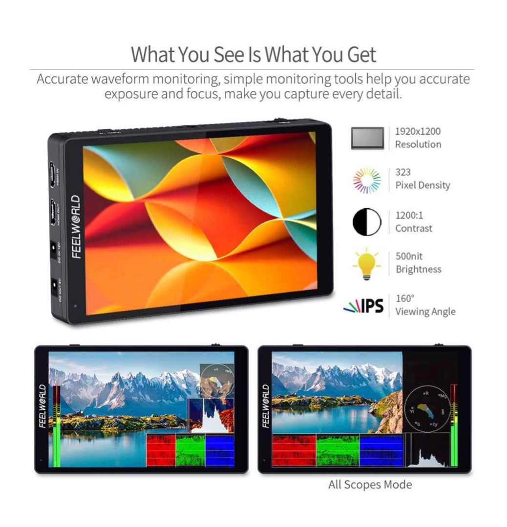 Monitor Da Campo FEELWORLD F7 Plus 7" 4K HDMI – Touch 1200 Nits Con 3D LUT, Waveform, Vettorscopio, Batteria E Custodia Inclusi