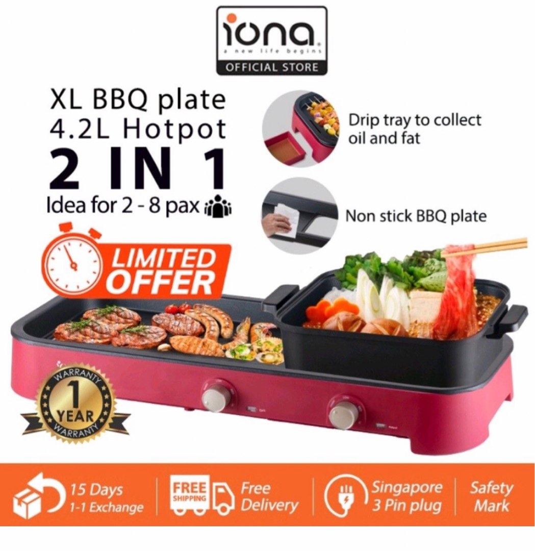 IONA 2 In 1 BBQ Grill Electric Steamboat Pot Cooker 4.2L Hotpot Set