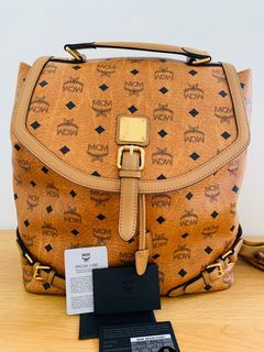 MCM Visetos Backpack with Orange Trim Brown Leather