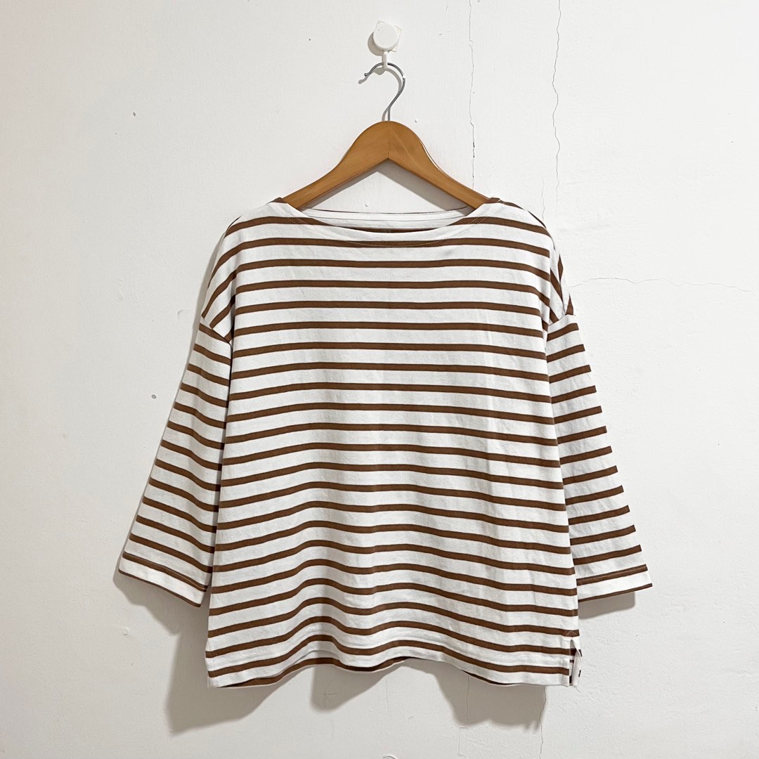 MUJI Brown Striped Boat Neck 3/4 Sleeves Cotton Basic Loose Fit Shirt ...