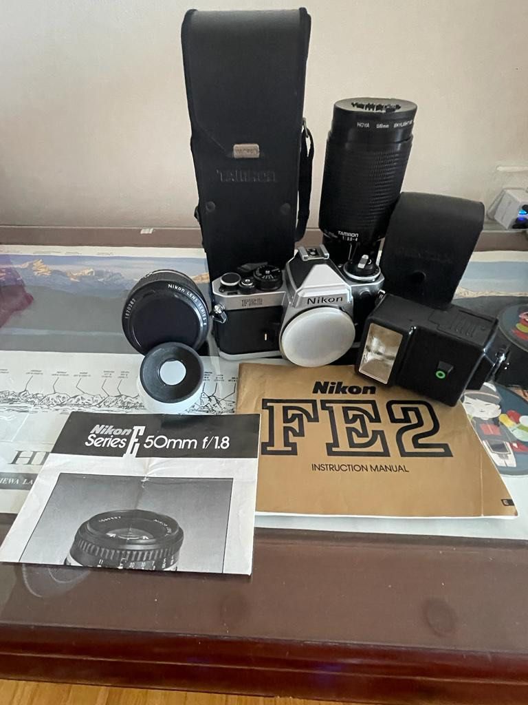 Nikon FE2 camera with 2 lens and Flash, Photography, Cameras on Carousell