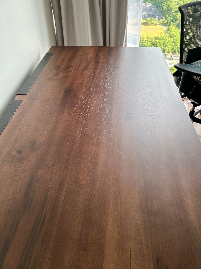 Solid Wood Work Table with Adjustable Height (Category: Tables & Sets) located in Kuala Lumpur. Submitted by bendibendi (Listing ID 1217632693, Image 2). Description: Balak Meja Solid wood office table (RRP :RM2150) 838mm (depth) x 1524mm (width) Reason for selling: moving out, looking for smaller table Cable management sold seperately..